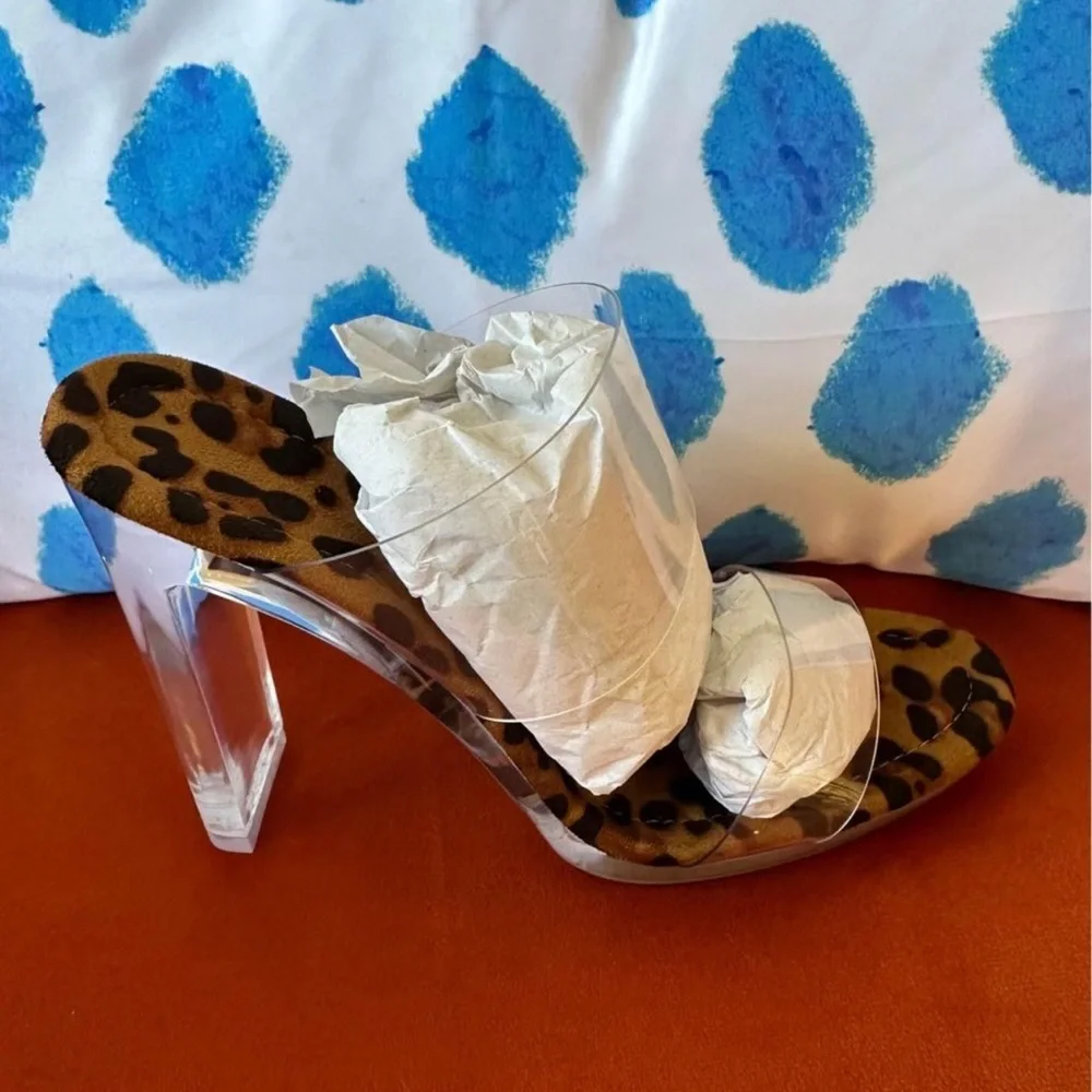 Allegra K clear, high heel, mule sandals, w/leopard print footbed. - Picture 2 of 4